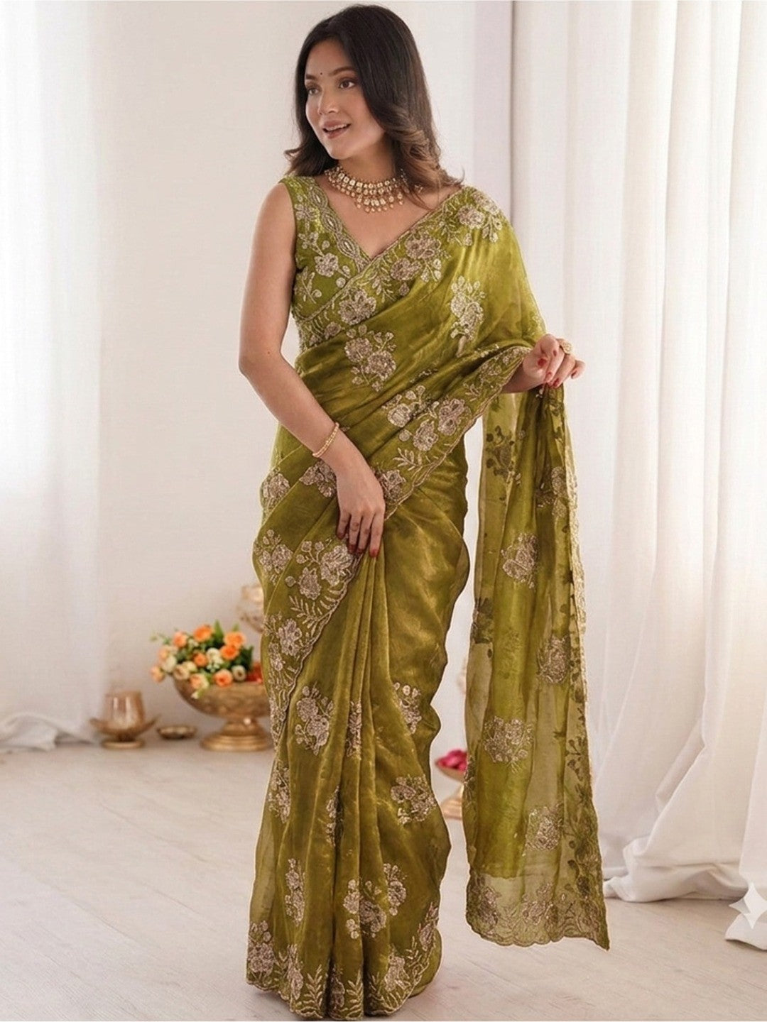 Peachmode Olive Green Beaded Embroidered Fandy Satin Saree - Image 2