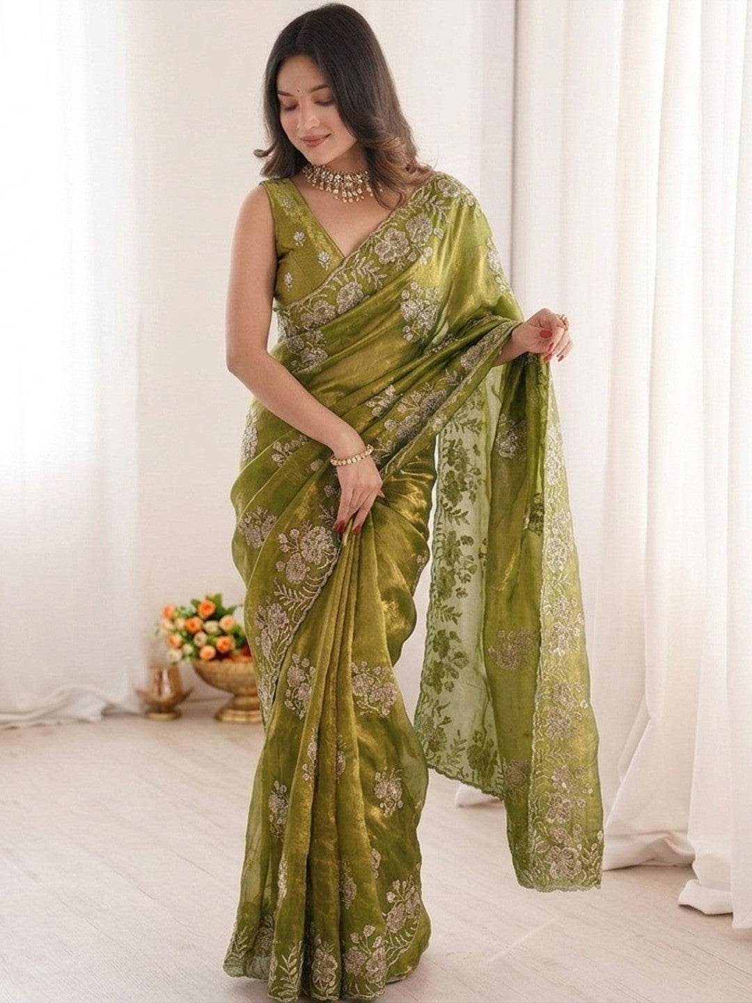 Peachmode Olive Green Beaded Embroidered Fandy Satin Saree - Image 3