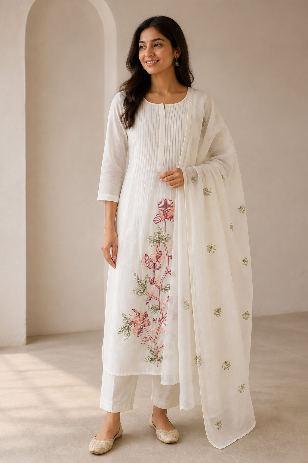 Peachmode Cream Chanderi Cotton Floral Embroidered Salwar Suit - Image 1