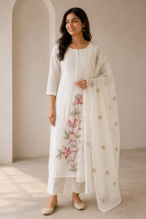 Peachmode Cream Chanderi Cotton Floral Embroidered Salwar Suit - Image 1