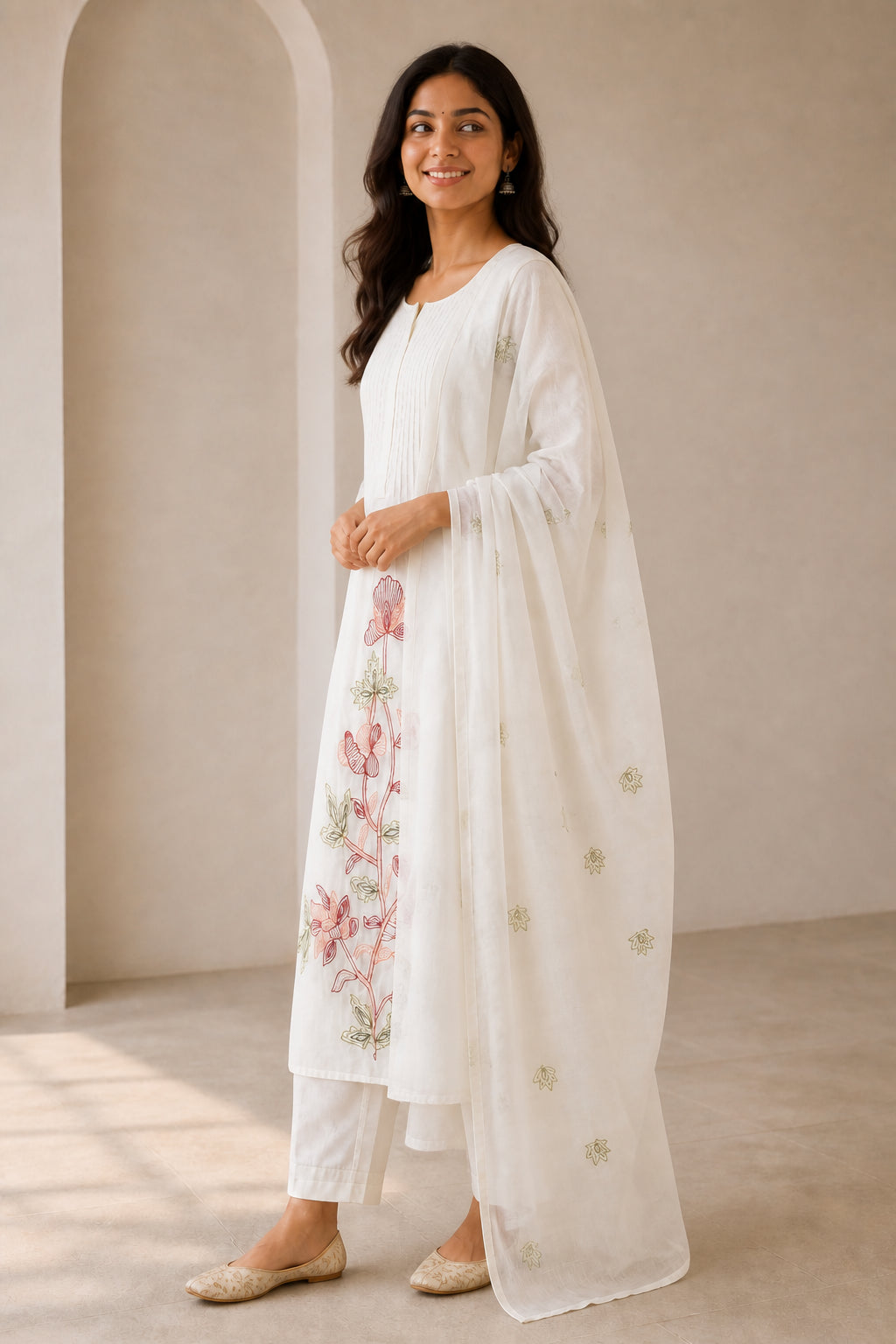 Peachmode Cream Chanderi Cotton Floral Embroidered Salwar Suit - Image 3