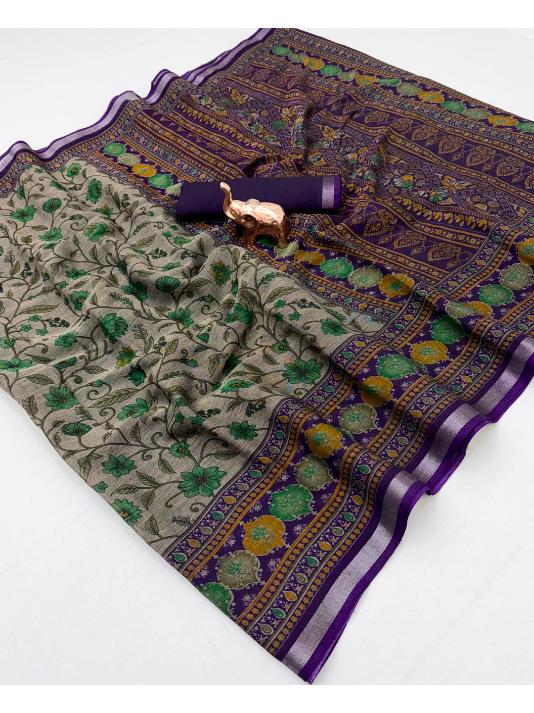 Beige & Purple Ajrakh Floral Printed Semi Cotton Saree With Silver Zari Border - Image 2