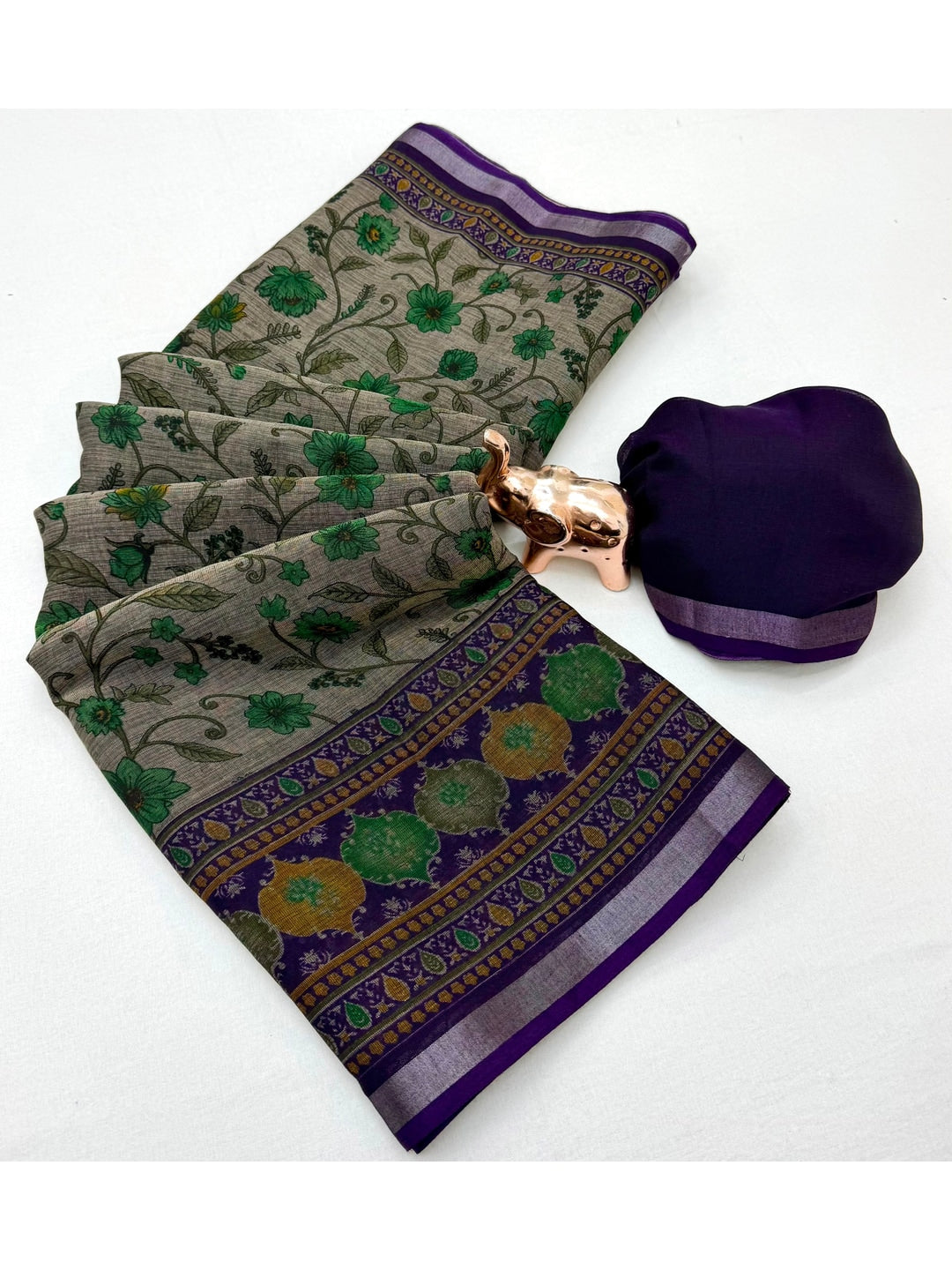 Beige & Purple Ajrakh Floral Printed Semi Cotton Saree With Silver Zari Border - Image 3