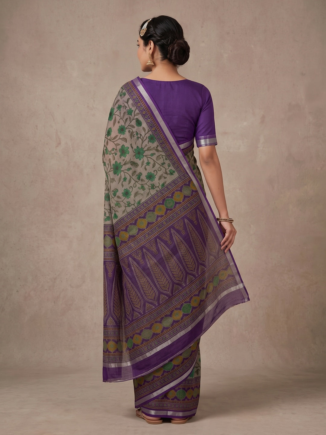 Beige & Purple Ajrakh Floral Printed Semi Cotton Saree With Silver Zari Border - Image 5