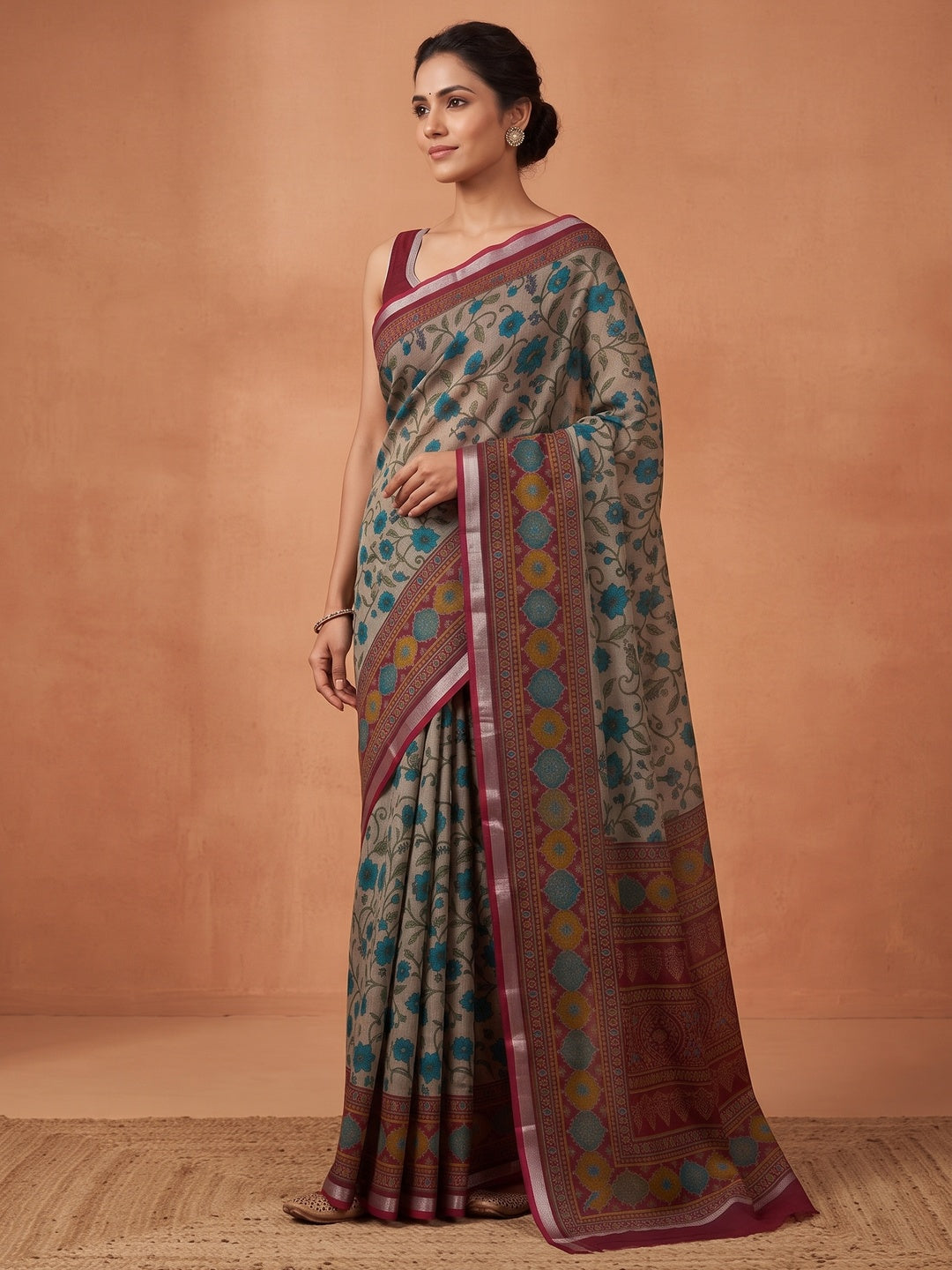 Beige & Maroon Ajrakh Floral Printed Semi Cotton Saree With Silver Zari Border - Image 4