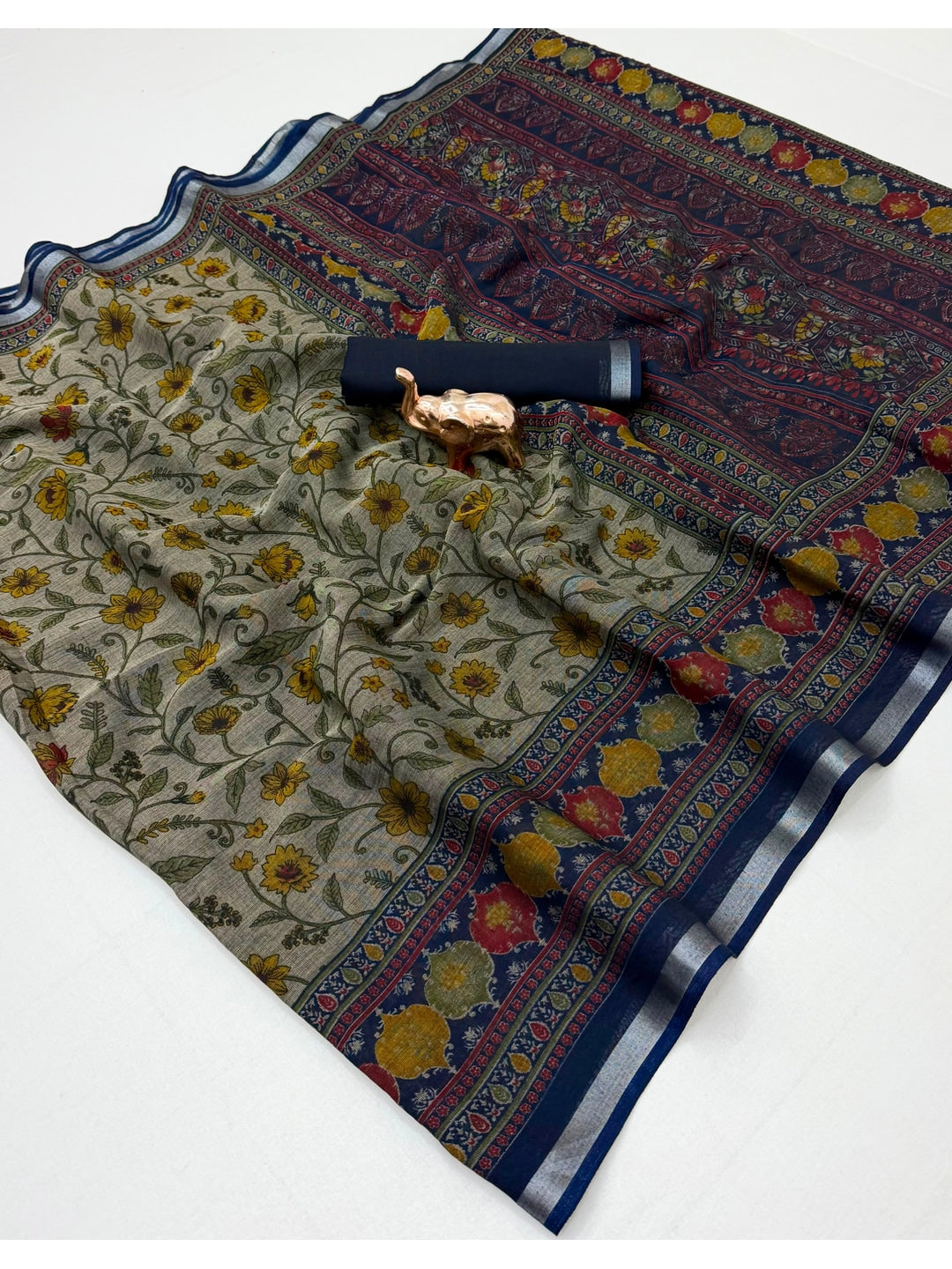 Beige & Navy Blue Ajrakh Floral Printed Semi Cotton Saree With Silver Zari Border - Image 3