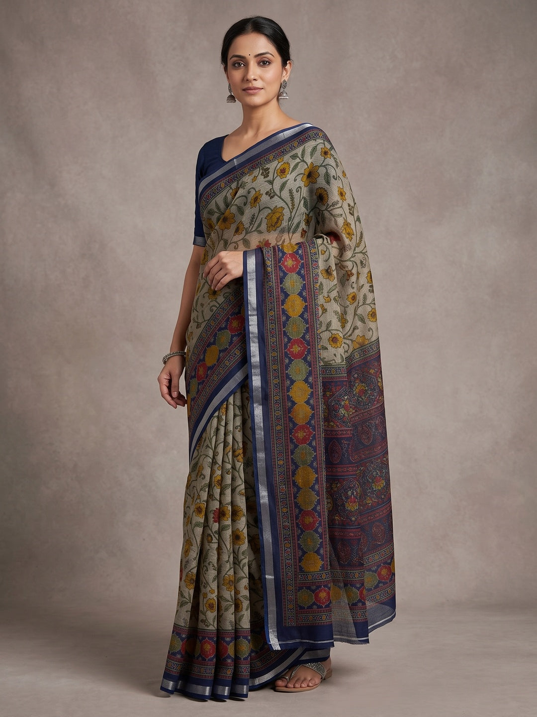 Beige & Navy Blue Ajrakh Floral Printed Semi Cotton Saree With Silver Zari Border - Image 1
