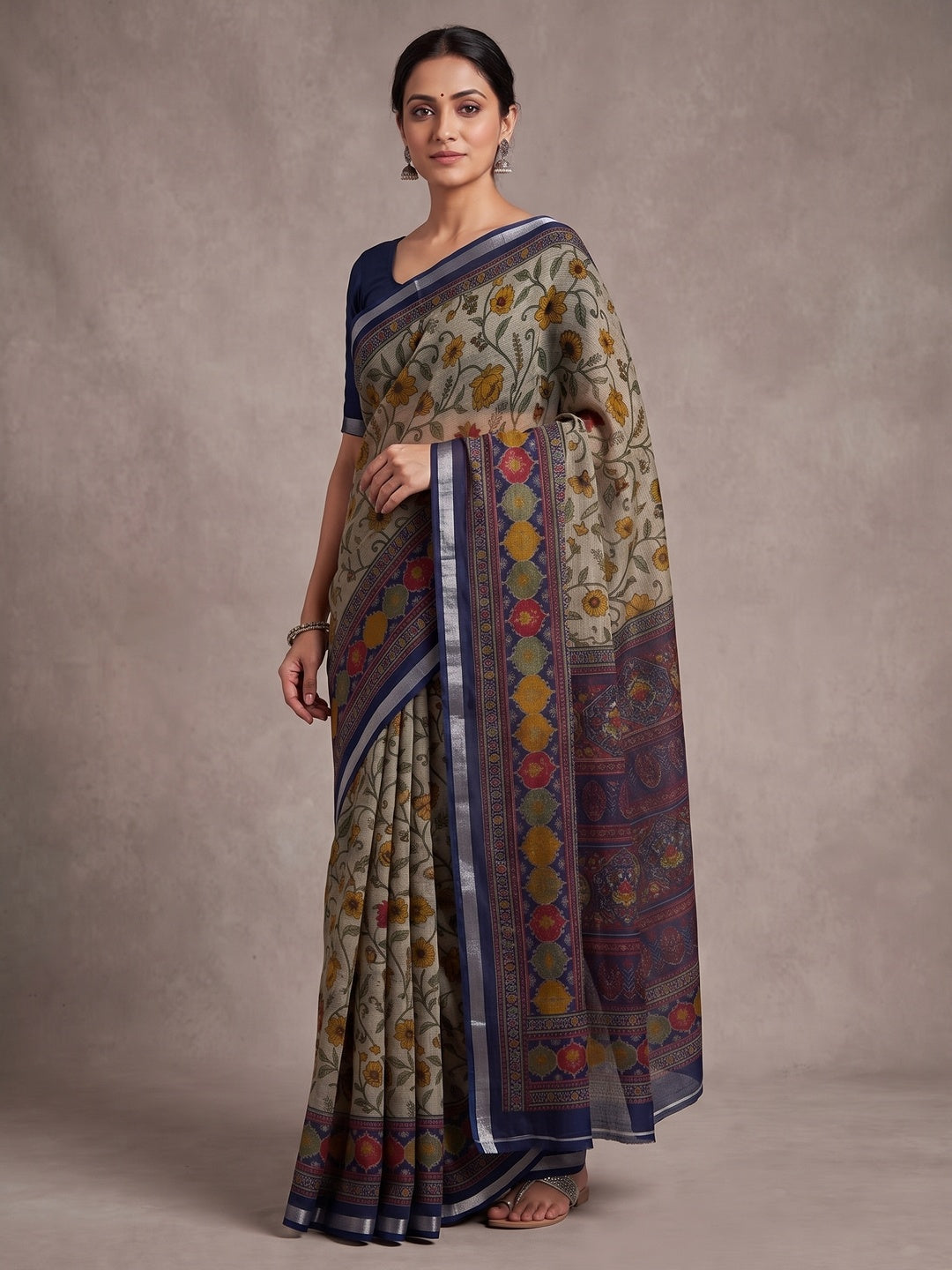 Beige & Navy Blue Ajrakh Floral Printed Semi Cotton Saree With Silver Zari Border - Image 4
