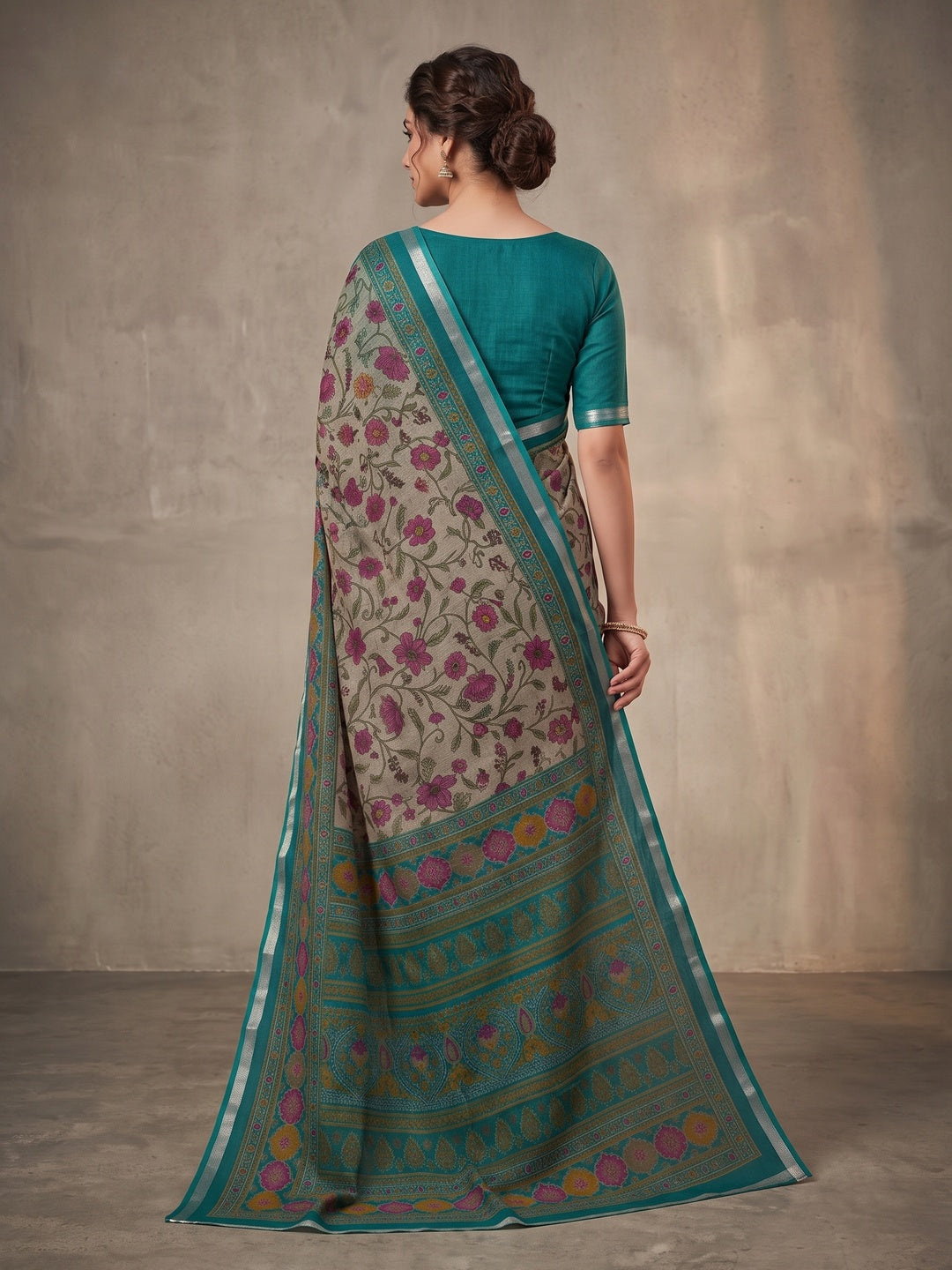 Beige & Teal Ajrakh Floral Printed Semi Cotton Saree With Silver Zari Border - Image 5