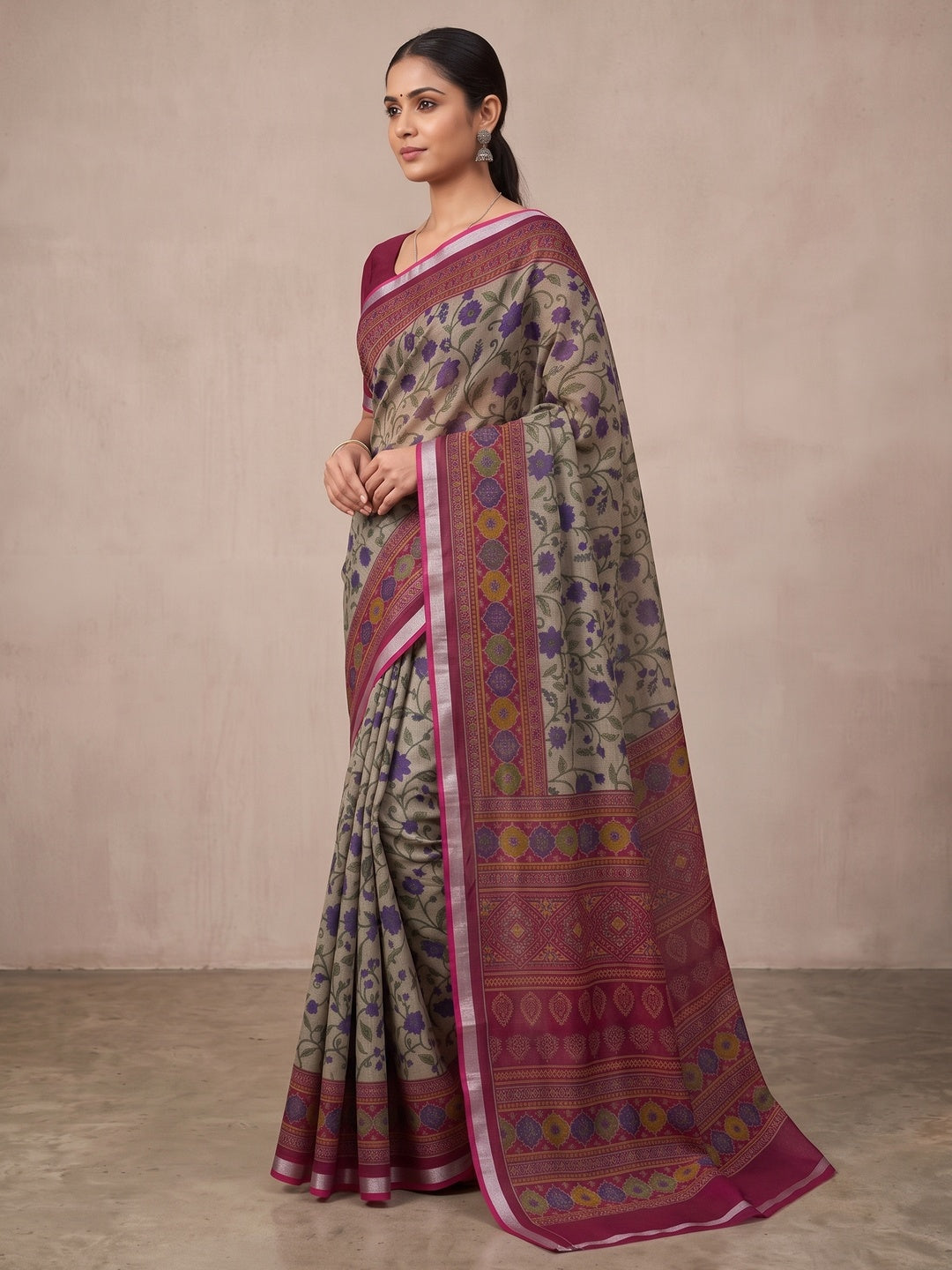 Beige & Wine Ajrakh Floral Printed Semi Cotton Saree With Silver Zari Border - Image 4