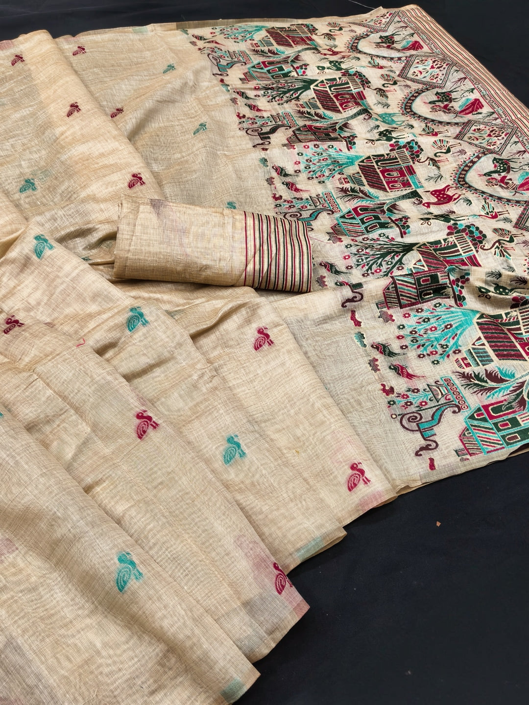 Peachmode Cream Wine Woven Cotton Blend Jamdani Saree - Image 2