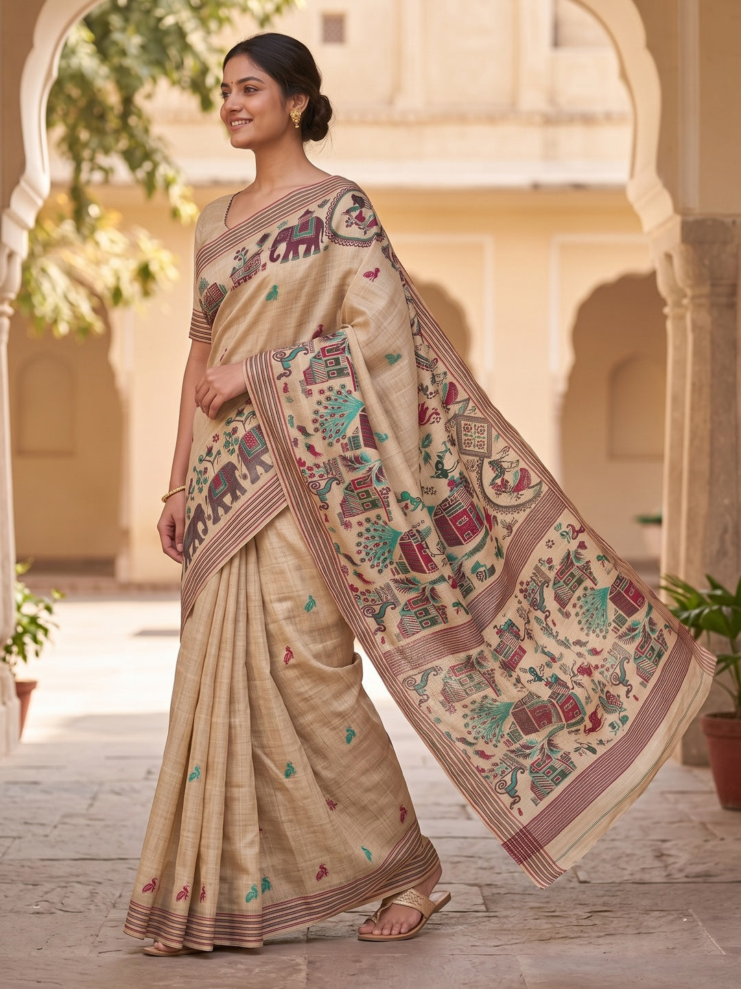 Peachmode Cream Wine Woven Cotton Blend Jamdani Saree - Image 5