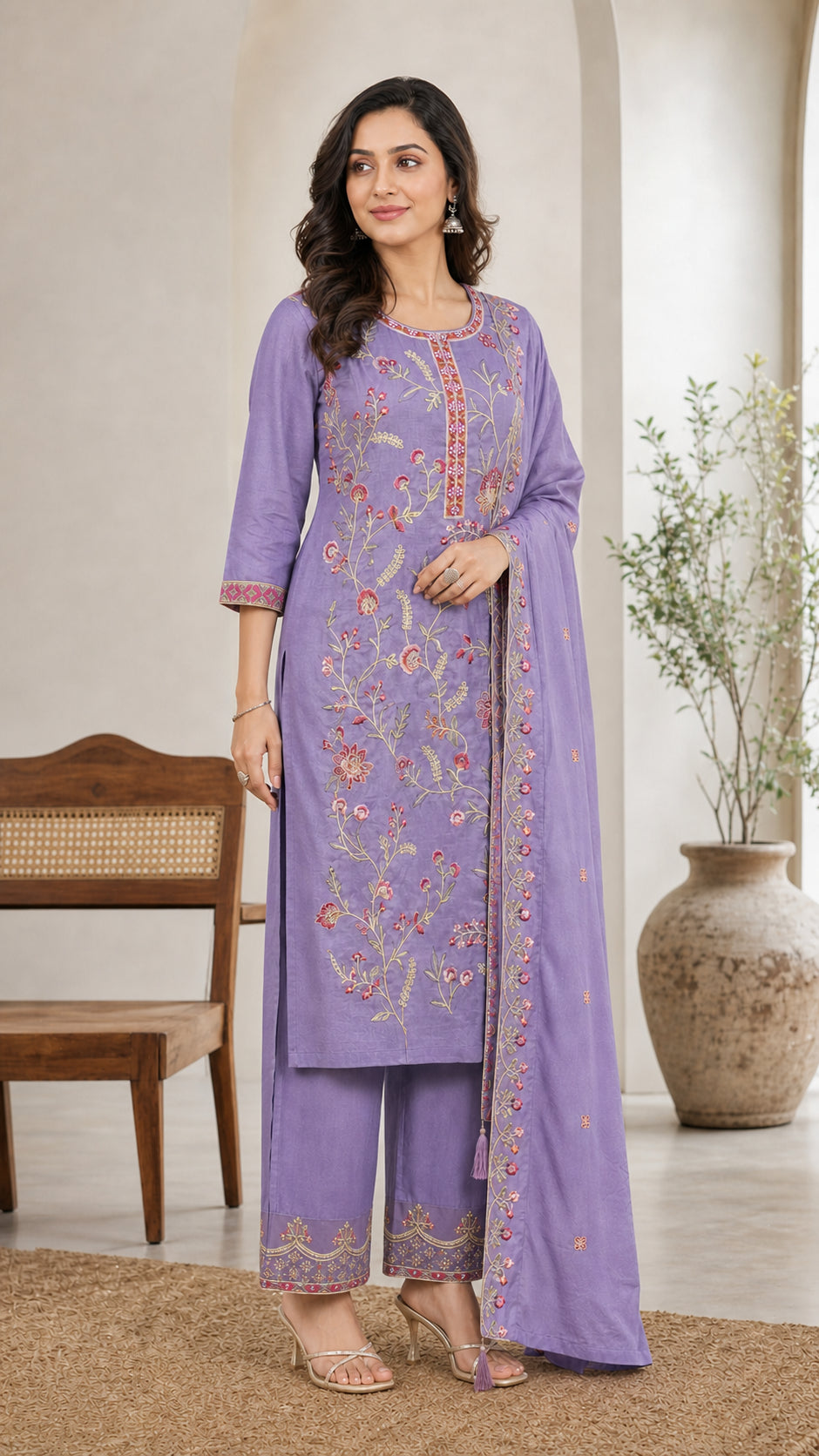 Peachmode Lavender Vichitra Silk Floral Embroidered Salwar Suit - Image 3
