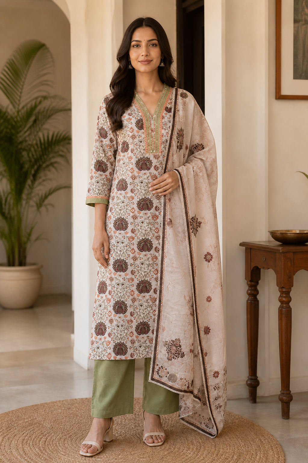 Peachmode Cream Pure Cotton Peacock Floral Printed Salwar Suit - Image 2