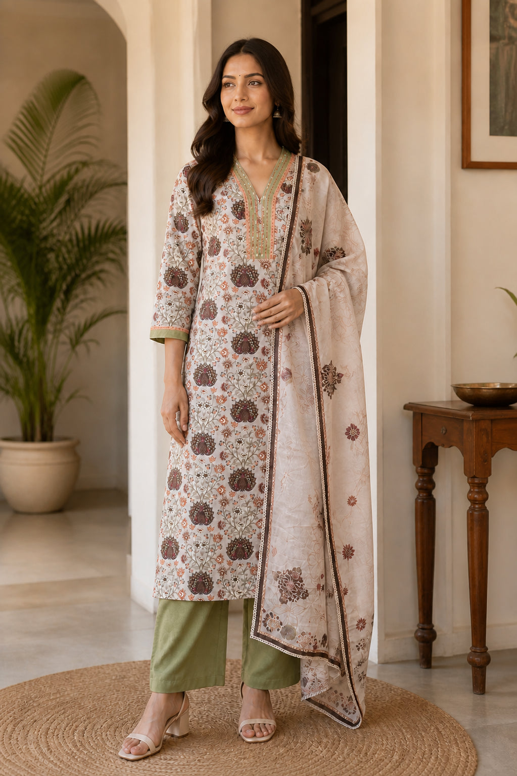 Peachmode Cream Pure Cotton Peacock Floral Printed Salwar Suit - Image 5