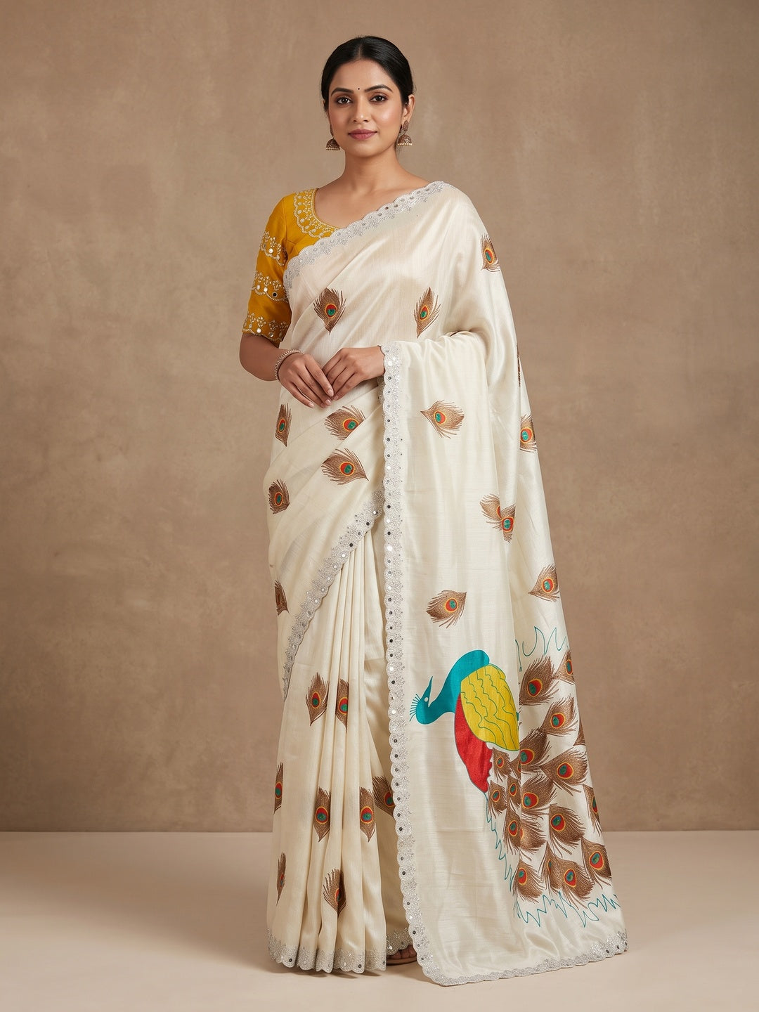 Peachmode Cream Peacock Printed Silk Chinon Saree - Image 1