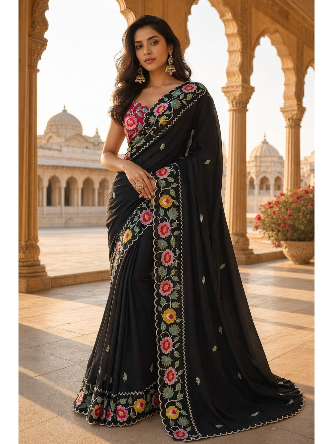 Peachmode Black Floral Embroidered Star Georgette Saree - Image 1
