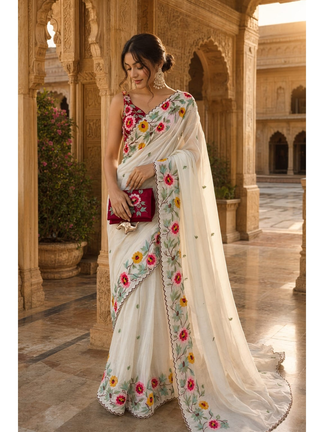 Peachmode White Floral Embroidered Star Georgette Saree - Image 1