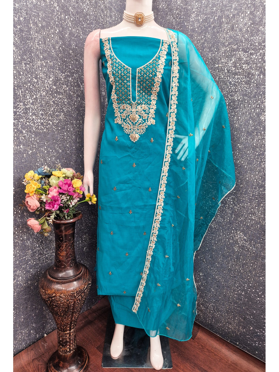 Peachmode Teal Floral Embroidered Roman Silk Dress Material - Image 3