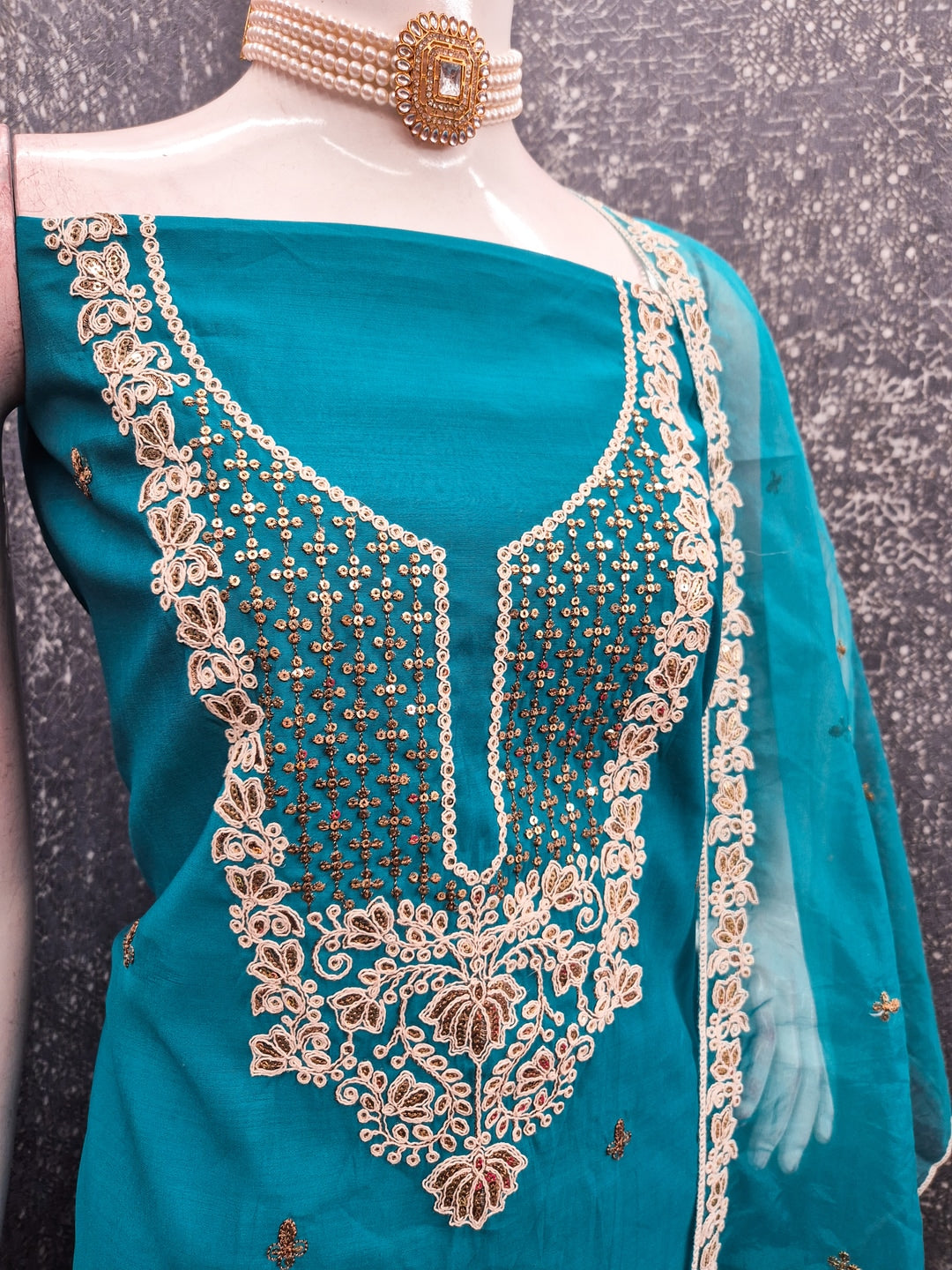 Peachmode Teal Floral Embroidered Roman Silk Dress Material - Image 4