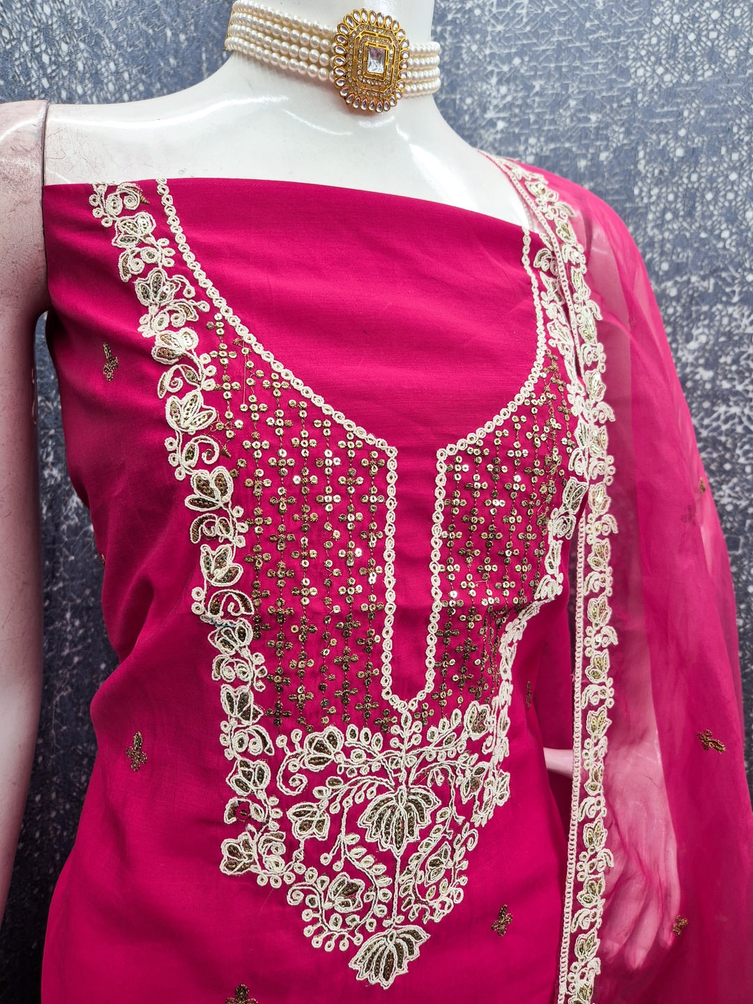 Peachmode Pink Floral Embroidered Roman Silk Dress Material - Image 4