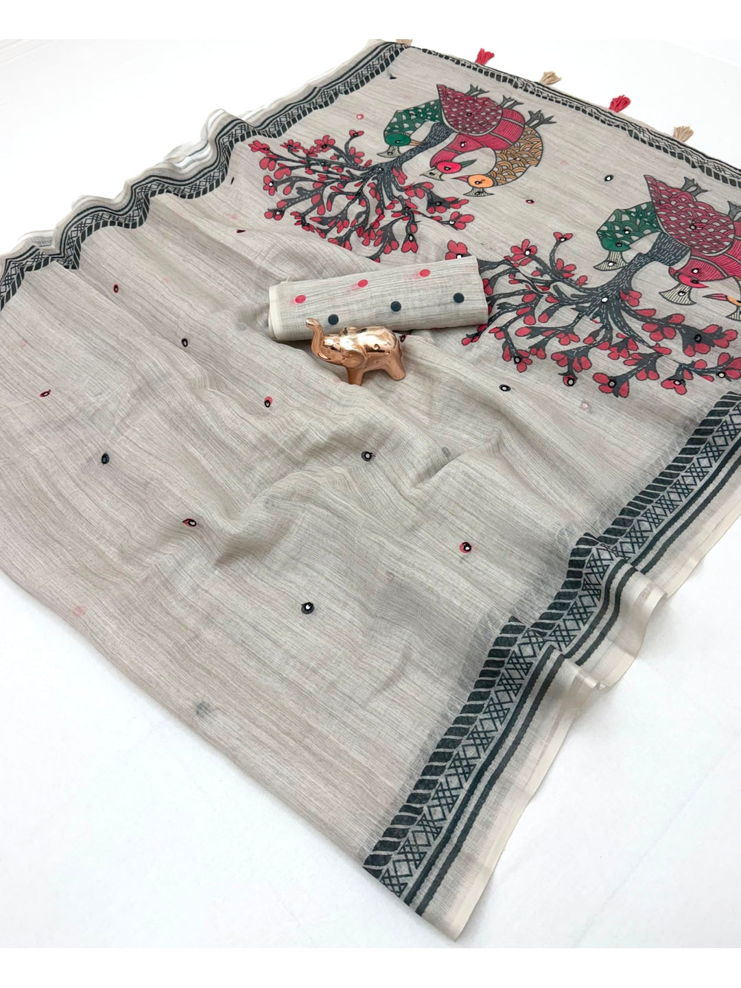 Peachmode Grey Aari Mirror Work Linen Cotton Saree - Image 3