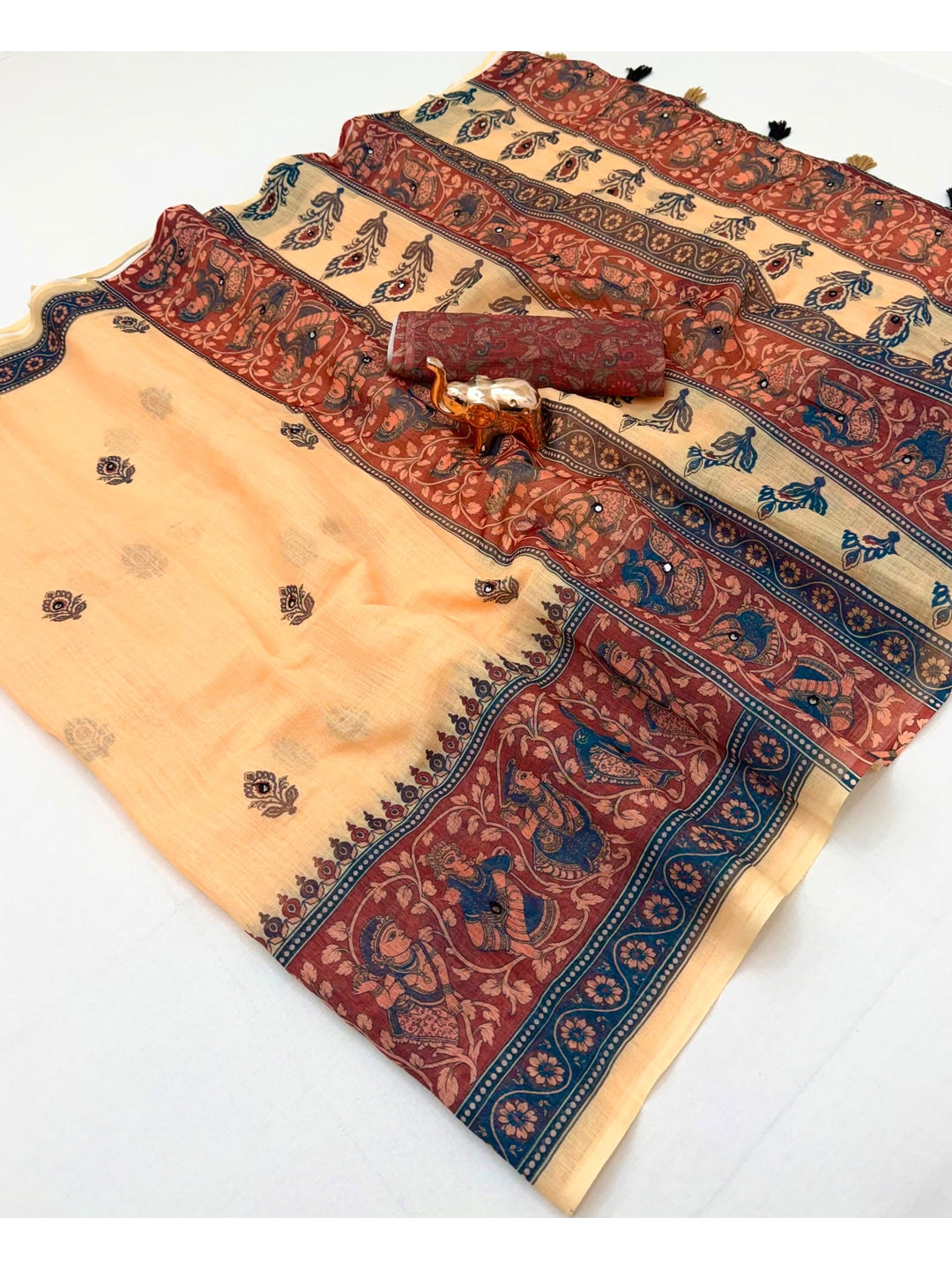 Peachmode Beige Blue Aari Mirror Work Linen Cotton Saree - Image 3