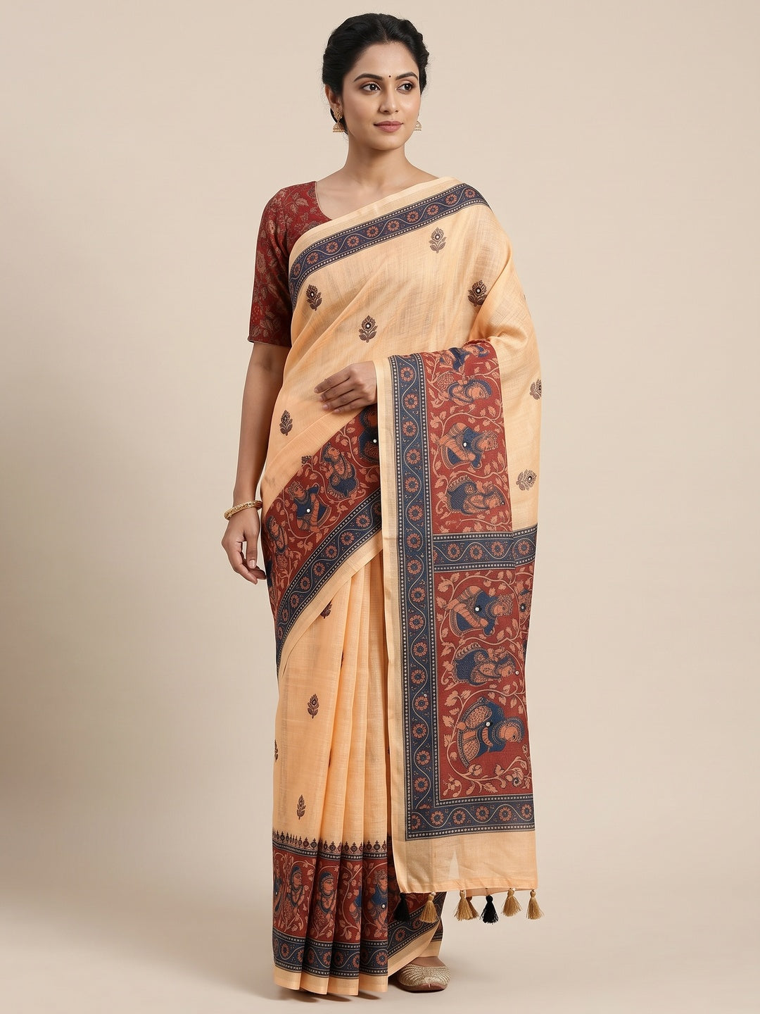 Peachmode Beige Blue Aari Mirror Work Linen Cotton Saree - Image 1