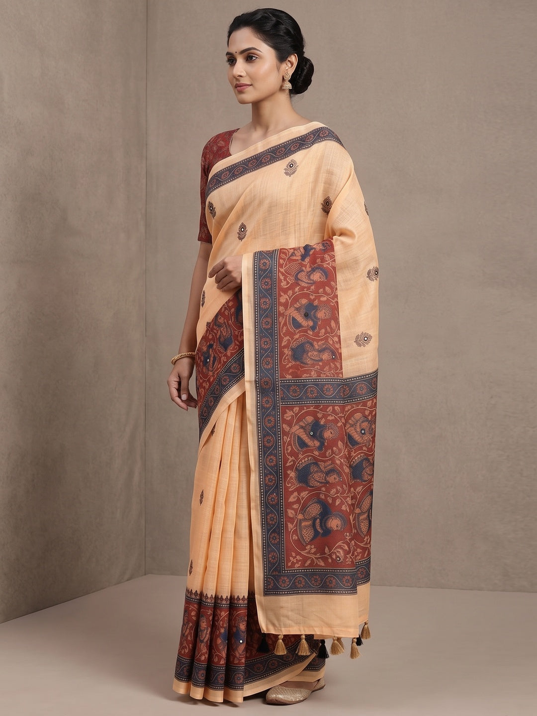 Peachmode Beige Blue Aari Mirror Work Linen Cotton Saree - Image 4