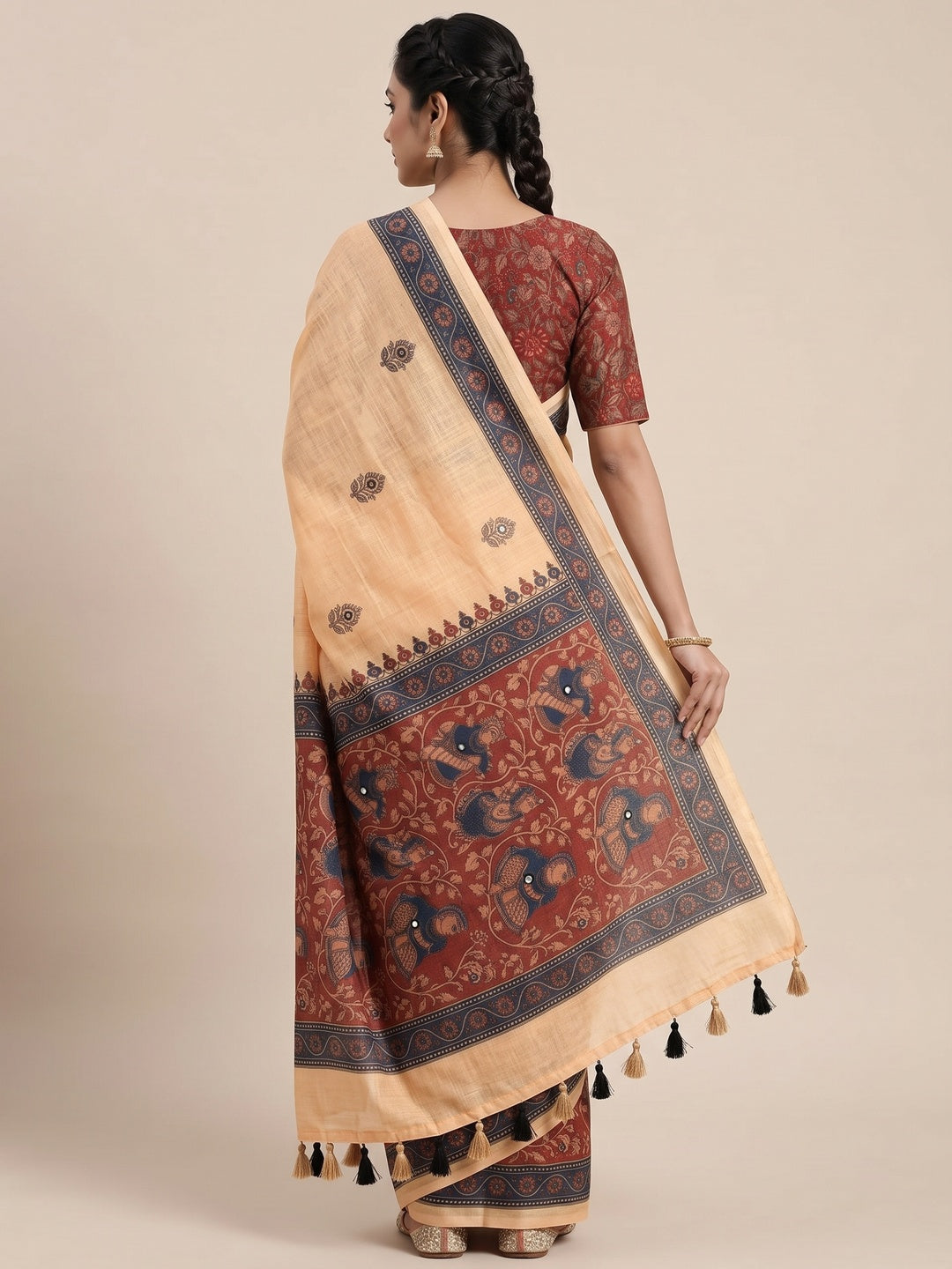 Peachmode Beige Blue Aari Mirror Work Linen Cotton Saree - Image 5
