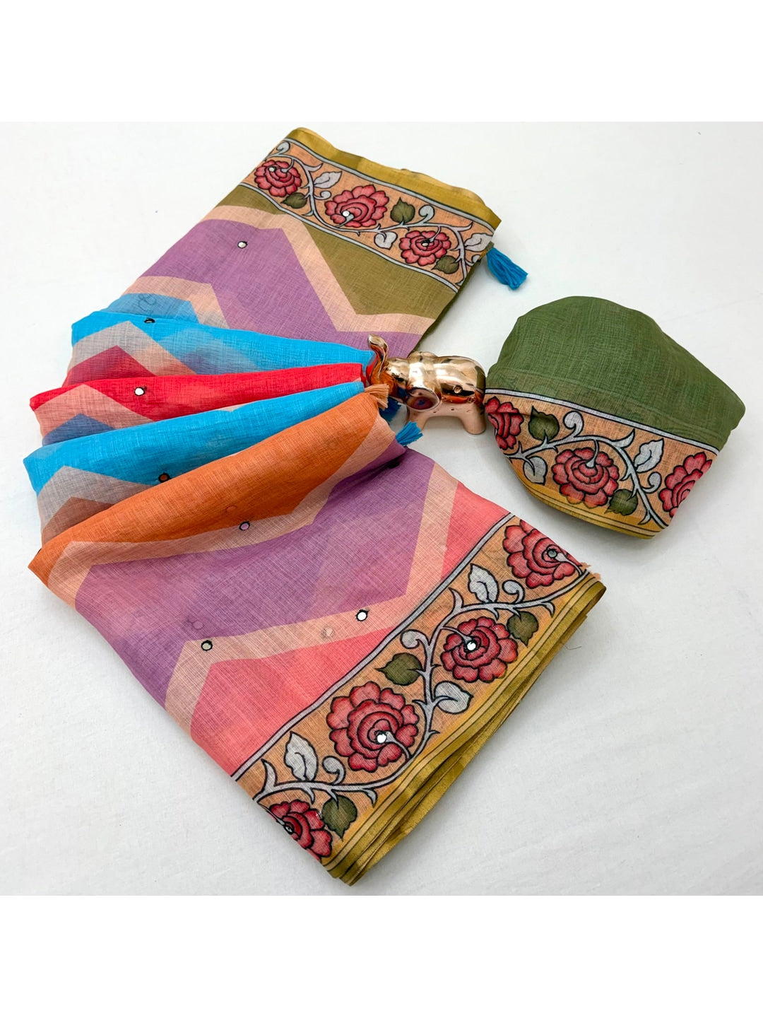 Peachmode Multicolor Aari Mirror Work Linen Cotton Saree - Image 3