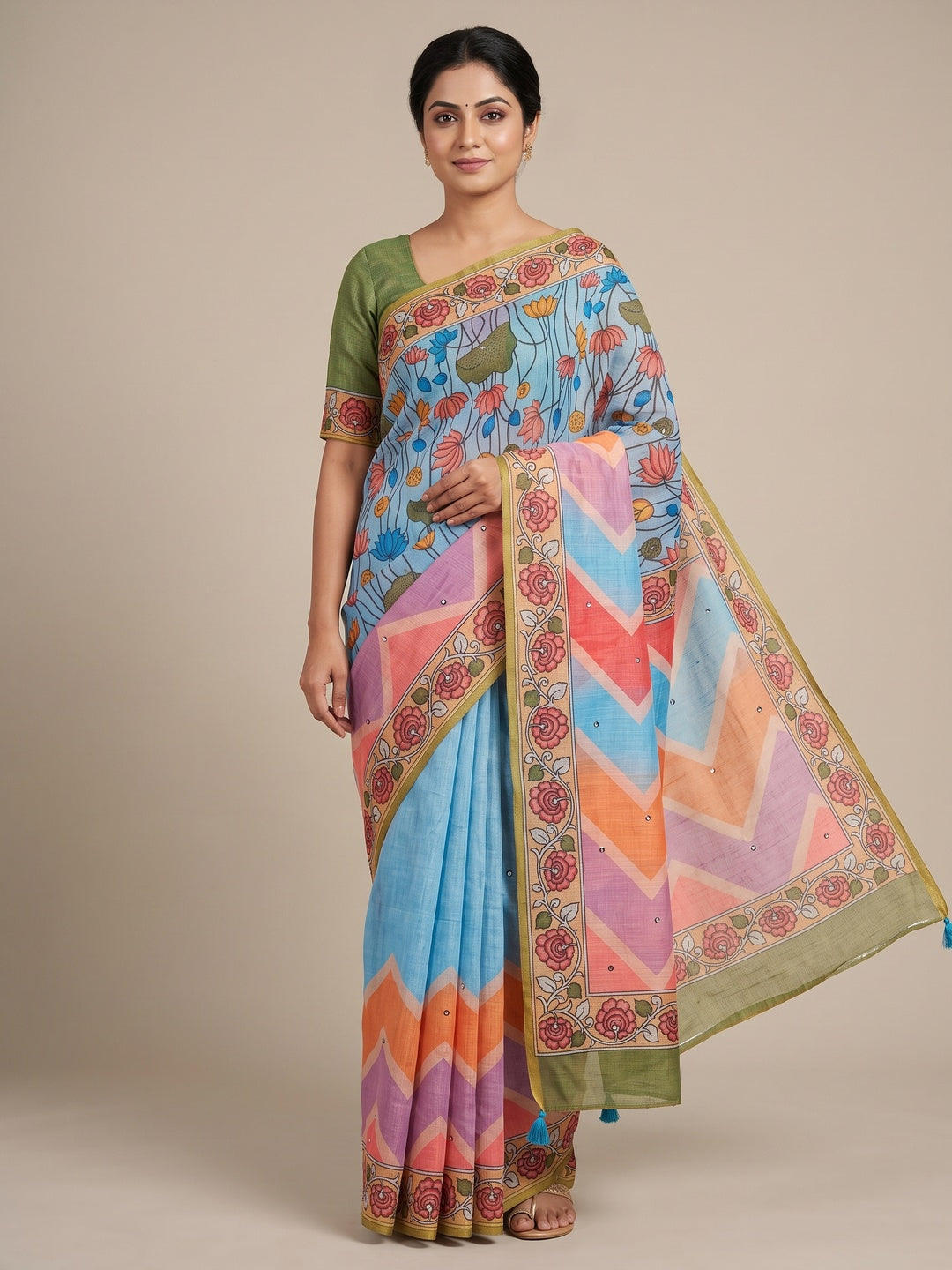 Peachmode Multicolor Aari Mirror Work Linen Cotton Saree - Image 1