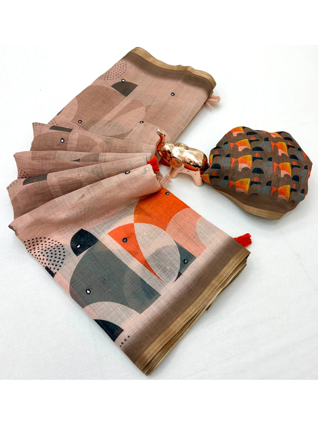 Peachmode Chiku Aari Mirror Work Linen Cotton Saree - Image 3