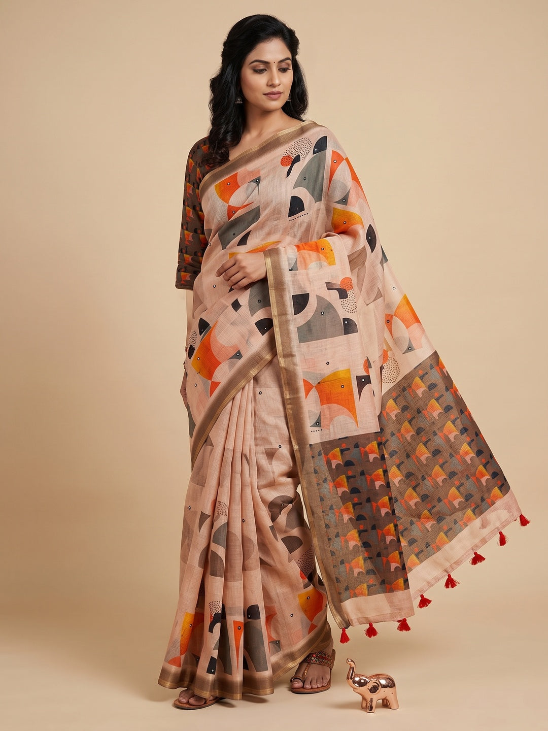 Peachmode Chiku Aari Mirror Work Linen Cotton Saree - Image 1