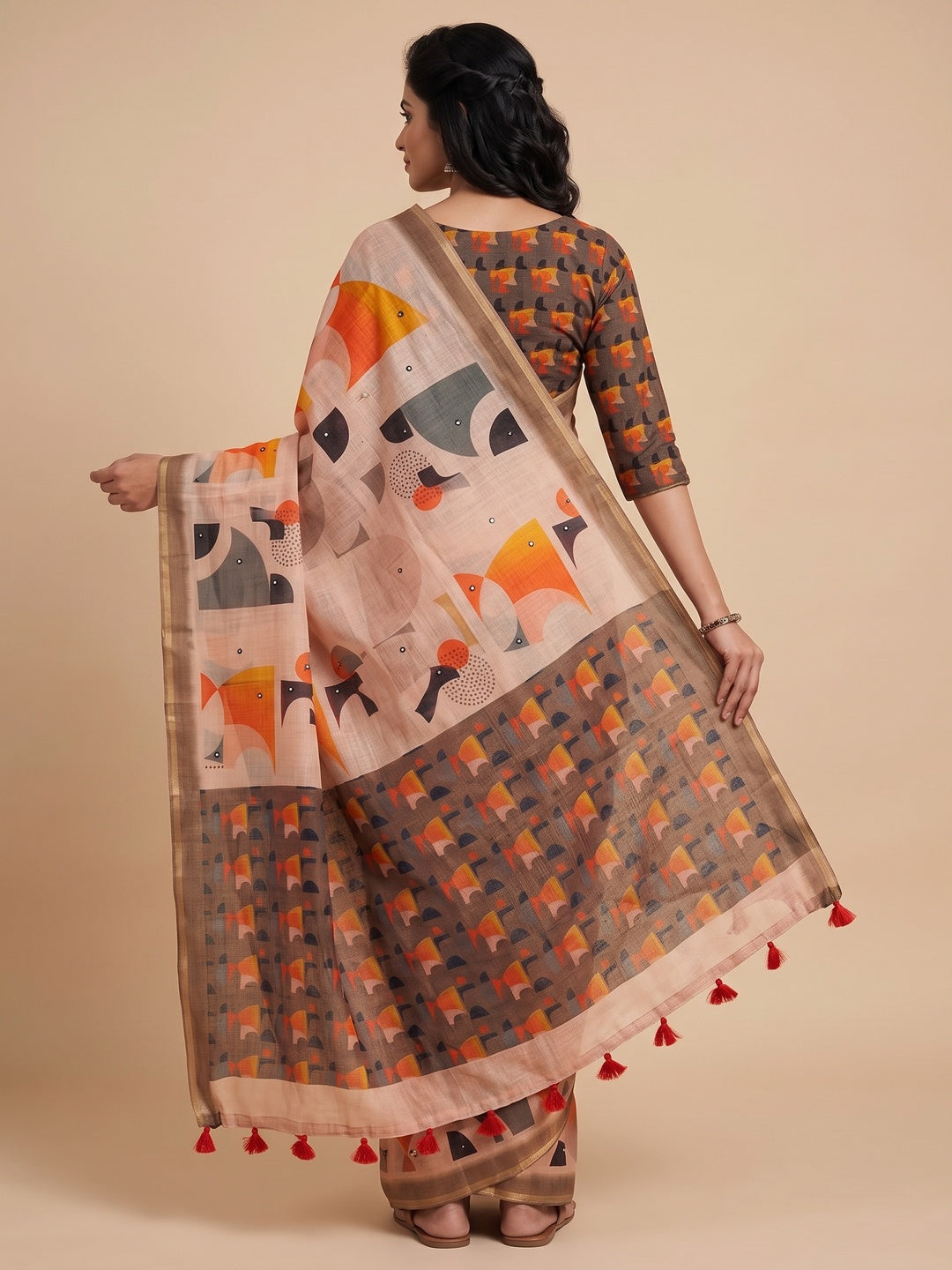 Peachmode Chiku Aari Mirror Work Linen Cotton Saree - Image 5