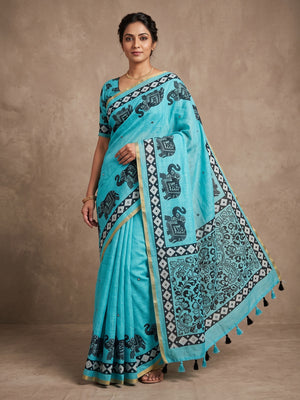 Peachmode Teal Blue Aari Mirror Work Linen Cotton Saree - Image 1
