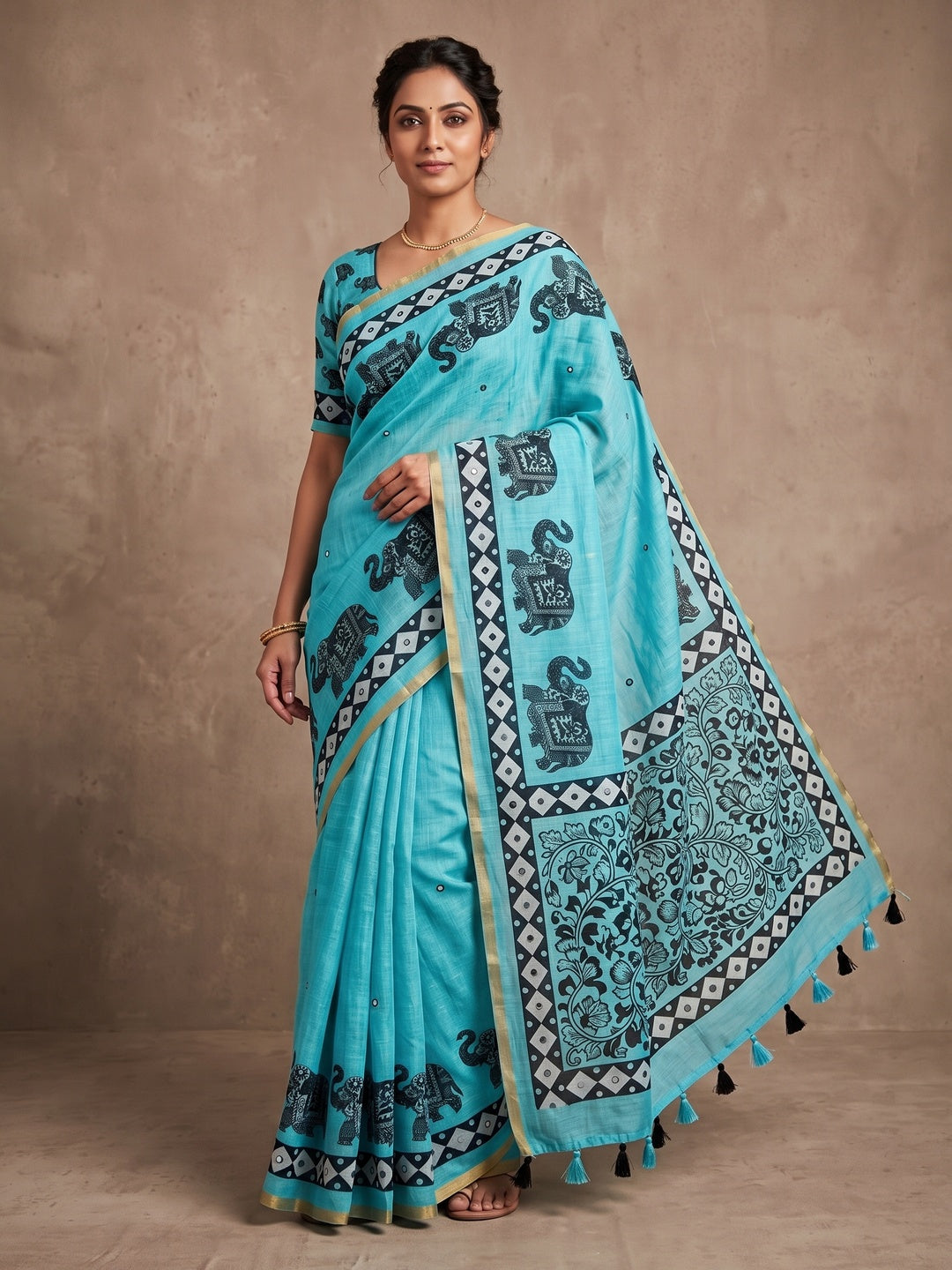 Peachmode Teal Blue Aari Mirror Work Linen Cotton Saree - Image 4