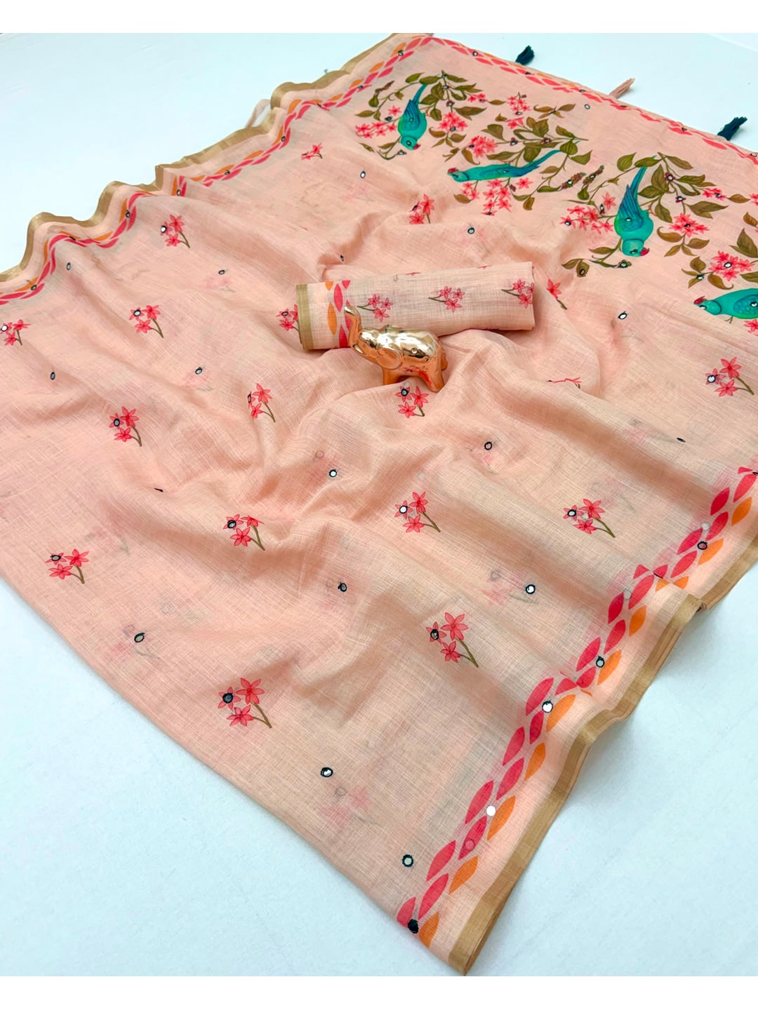 Peachmode Peach Aari Mirror Work Linen Cotton Saree - Image 2
