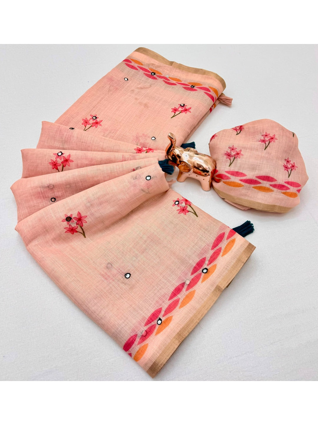 Peachmode Peach Aari Mirror Work Linen Cotton Saree - Image 3