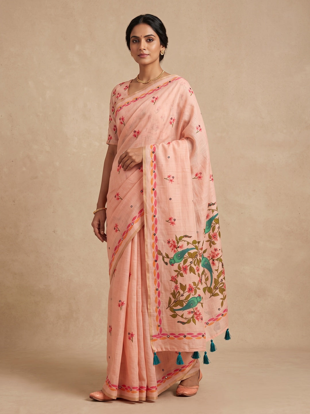 Peachmode Peach Aari Mirror Work Linen Cotton Saree - Image 1