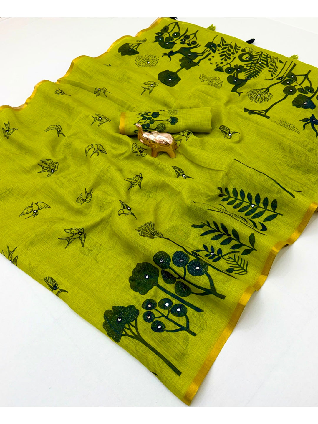 Peachmode Green Aari Mirror Work Linen Cotton Saree - Image 2