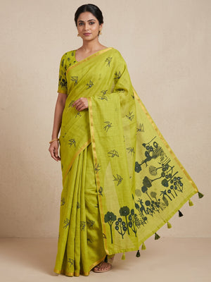Peachmode Green Aari Mirror Work Linen Cotton Saree - Image 1