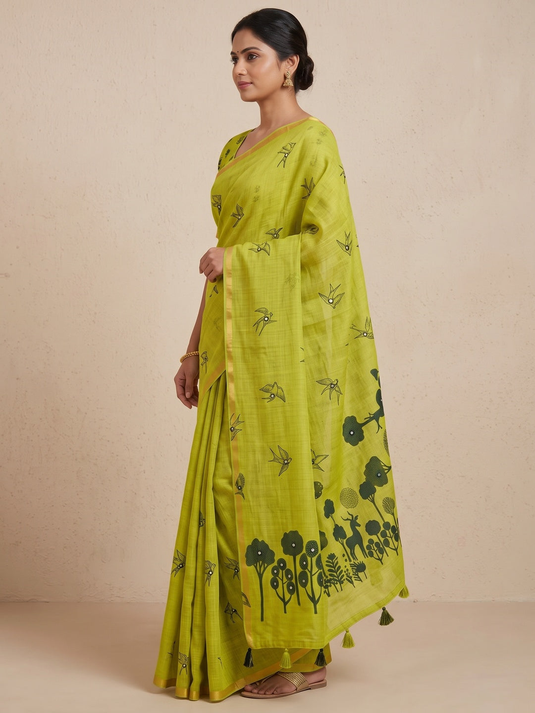 Peachmode Green Aari Mirror Work Linen Cotton Saree - Image 4