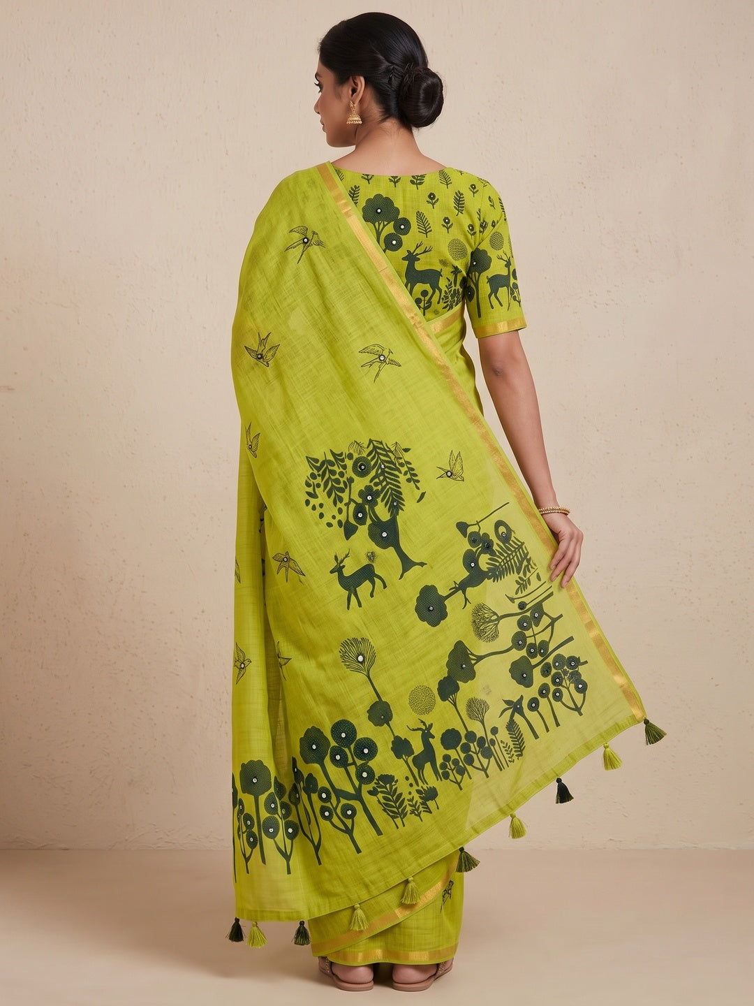 Peachmode Green Aari Mirror Work Linen Cotton Saree - Image 5