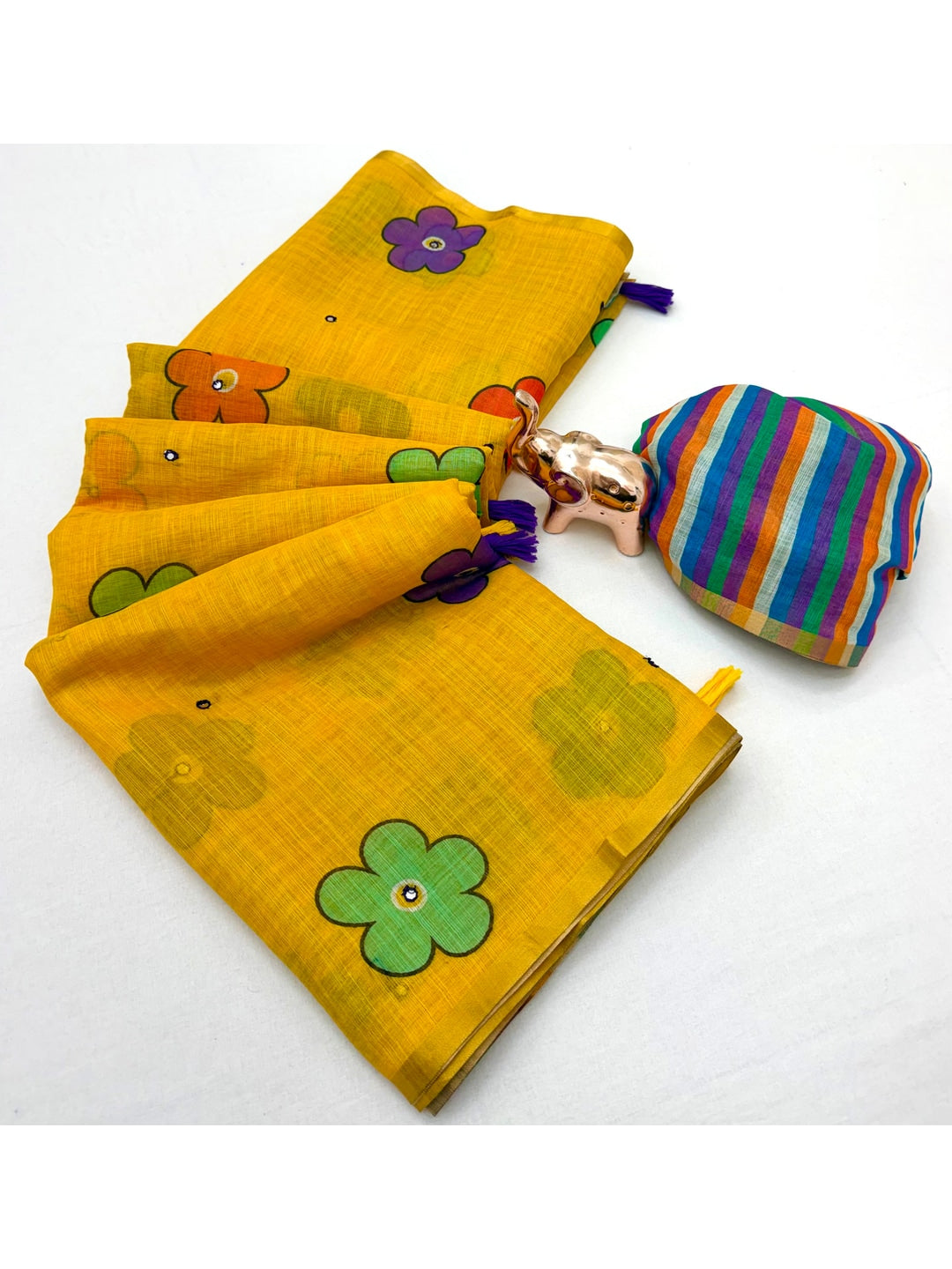 Peachmode Yellow Aari Mirror Work Linen Cotton Saree - Image 2
