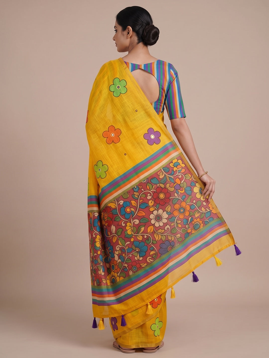 Peachmode Yellow Aari Mirror Work Linen Cotton Saree - Image 5