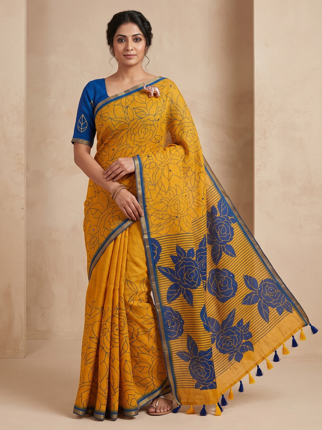 Peachmode Yellow Blue Aari Mirror Work Linen Cotton Saree - Image 1