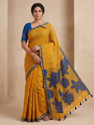 Peachmode Yellow Blue Aari Mirror Work Linen Cotton Saree - Image 1