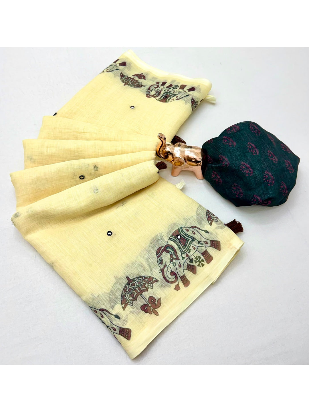 Peachmode Butter Cream Aari Mirror Work Linen Cotton Saree - Image 3