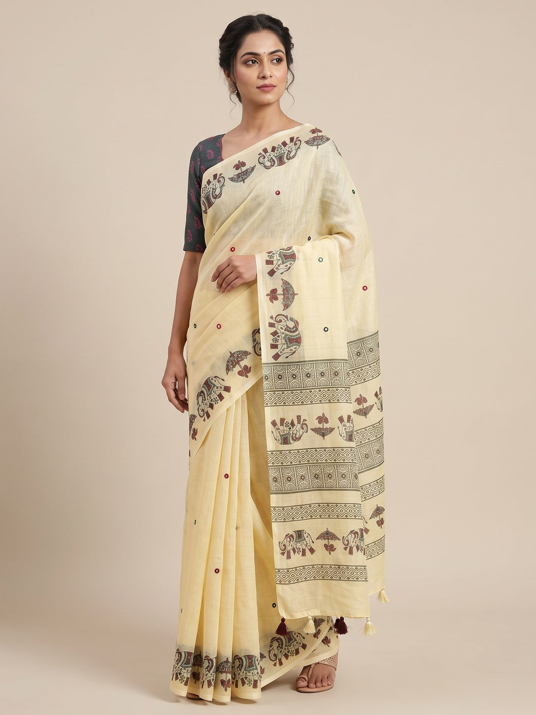 Peachmode Butter Cream Aari Mirror Work Linen Cotton Saree - Image 1